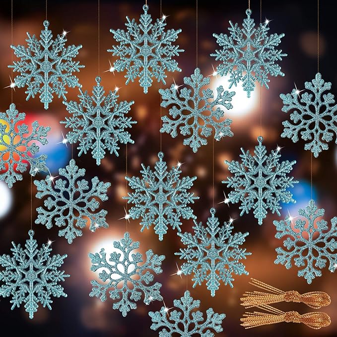RECUTMS 40Pieces Blue Glitter Snowflake Winter Snowflake Ornaments Christmas Hanging Decorations for Christmas Tree Wedding Embellishing Party Decorations,4 Inches,2 Pattern (Blue)