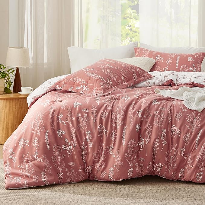 Bedsure Queen Comforter Set - Grayish Pink Bed Set, 3 Pieces Cute Floral Bedding, 1 Soft Reversible Botanical Flowers Comforter and 2 Pillow Shams