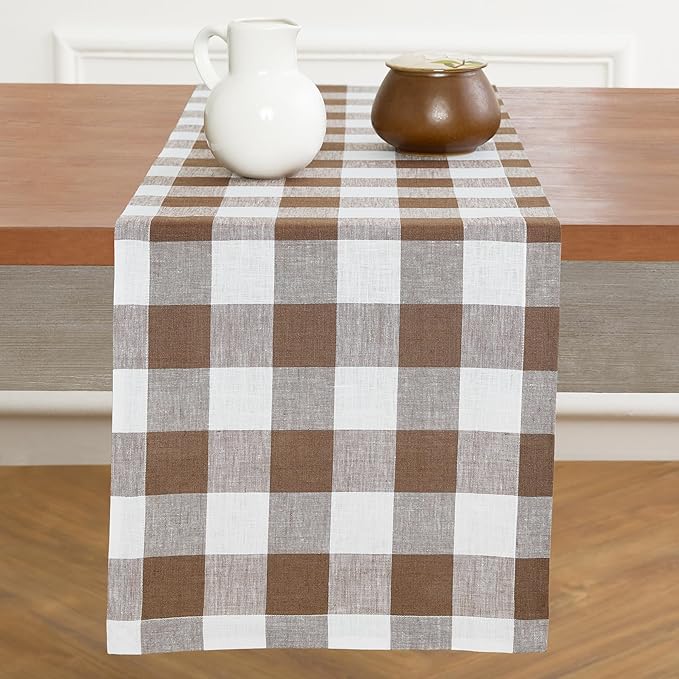 Solino Home Table Runner 132 Inches Long - 100% Pure Linen Buffalo Check Coco Brown and White Table Runner 14 x 132 Inch Ideal for Dining