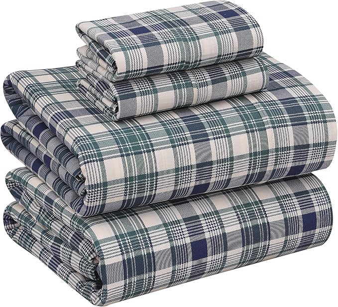 RUVANTI 100% Cotton California King Sheet Sets, 4 Pieces, Soft & Breathable Percale Weave Bedding, Deep Pocket 14", Hotel Standard, Crisp Cool Feel & Durable, Perfect Sheets, Greenish Blue Plaid