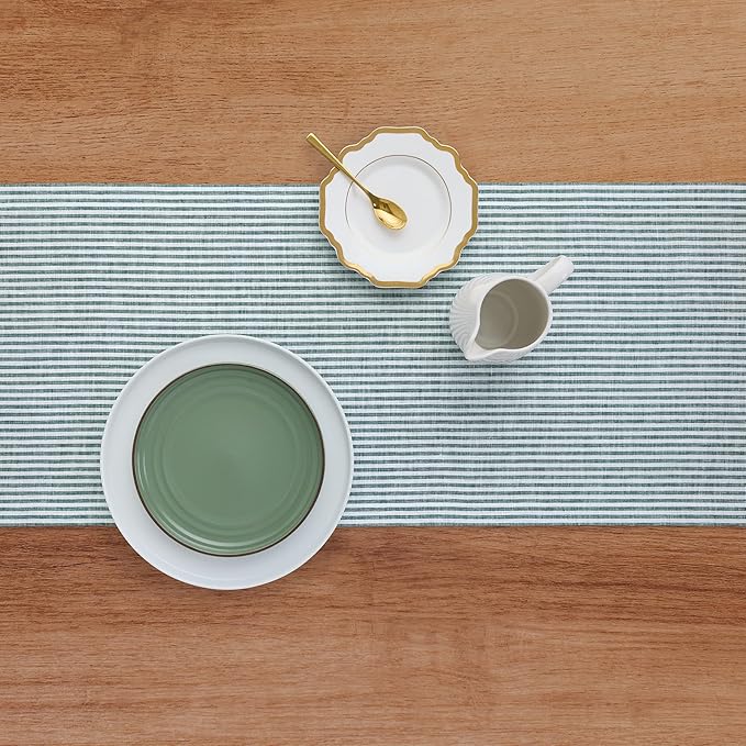 Solino Home Linen Table Runner 90 Inches Long - Narrow Stripe, 100% Pure Linen Rainforest and White Farmhouse Table Runner 14 x 90 Inch for Dining, St Patricks Day