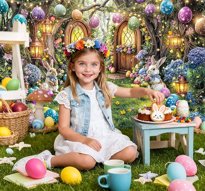 7X5ft Enchanted Forest Easter Backdrop Fairy Tale Rabbit Magic Garden Easter Egg Wonderland Floral Photography Background for Kids Girls Party Decoration Cake Table Photo Booth Props
