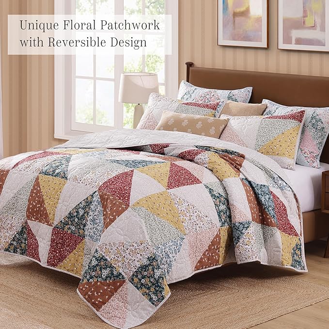 Quilt Set Queen Size, Patchwork Burnt Orange Floral Quilt Sets, Reversible Bedspread Lightweight and Breathable for All Seasons, Soft Quilted Bedspread with 2 Pillow Shams