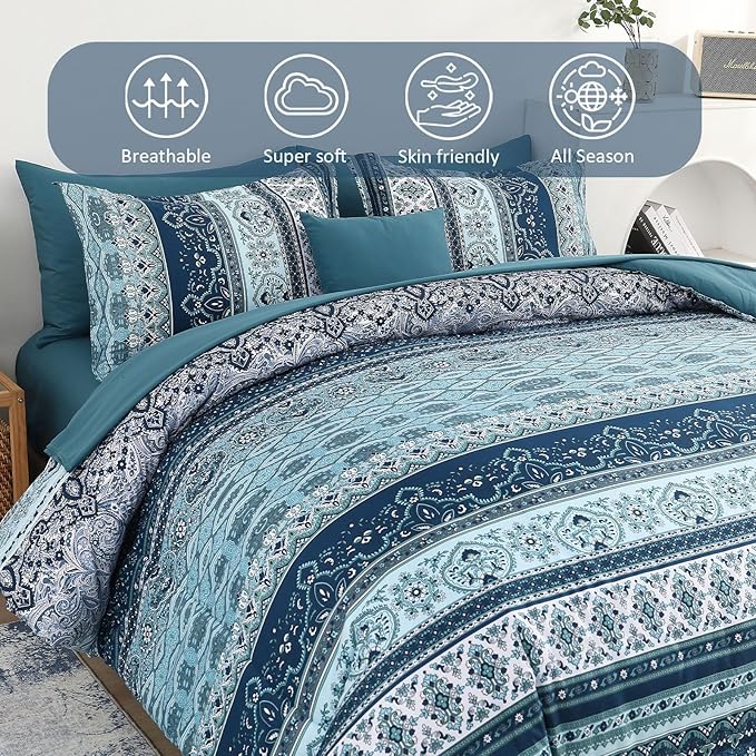 Cottolester Boho Comforter Set California King Size 8 Pieces, Teal Blue Comforter Bohemian Striped Bed in A Bag, Soft Microfiber Bedding Set for All Seasons