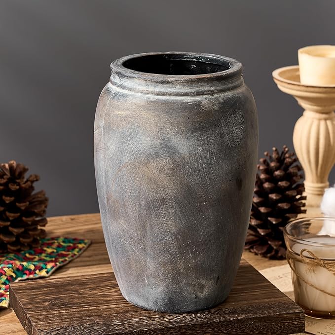 8.2 Inch Ceramic Terracotta Rustic Vase Home Decor Farmhouse Decorative Vase for Living Room Entryway Floor Holiday Wedding-Black Bronze