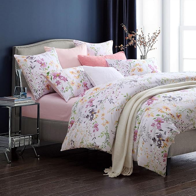 Brandream Floral Duvet Cover Set Twin Size 3 Pieces 800TC Egyptian Cotton Printed Modern White Pink Bedding