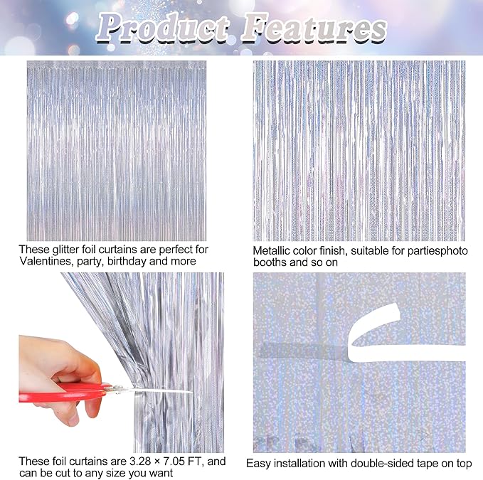 2 Pack New Year Party Decorations, 3.28 FT x 7.05 FT Glitter Silver Fringe Curtains, Metallic Party Streamer Tinsel Backdrop Foil Curtains, NYE Party Supplies Engagement Decor