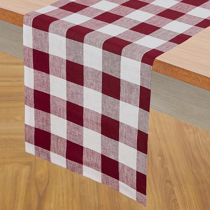 Solino Home Linen Checkered Table Runner 156 Inches Long - 100% Pure Linen Burgundy and White Buffalo Check Extra Long Table Runner 14 x 156 Inch Ideal for Dining, Valentines