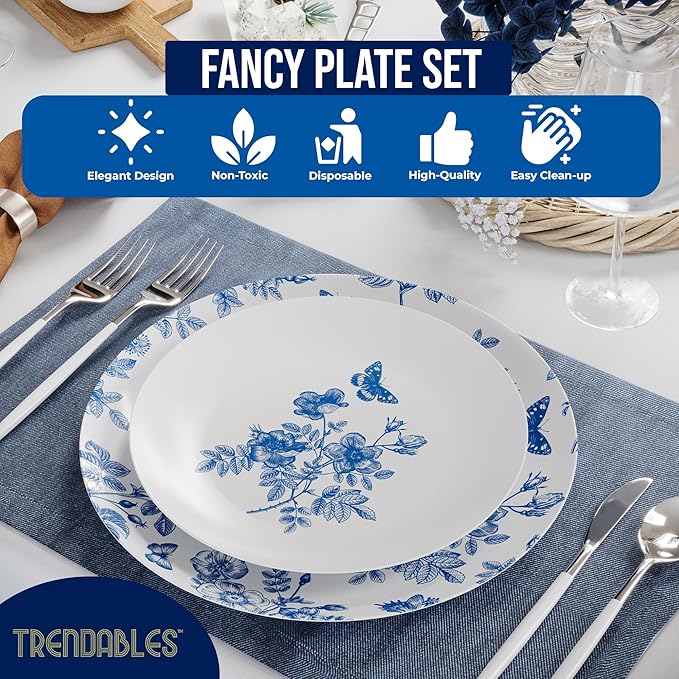 Trendables Plastic Plates For Party Supplies, Floral Disposable Plates For Party & Weddings 40 Pcs - 20 x 8 Dessert Plates & 20 x 10 Plastic Dinner Plates, Plate Set Disposable Dinnerware Sets