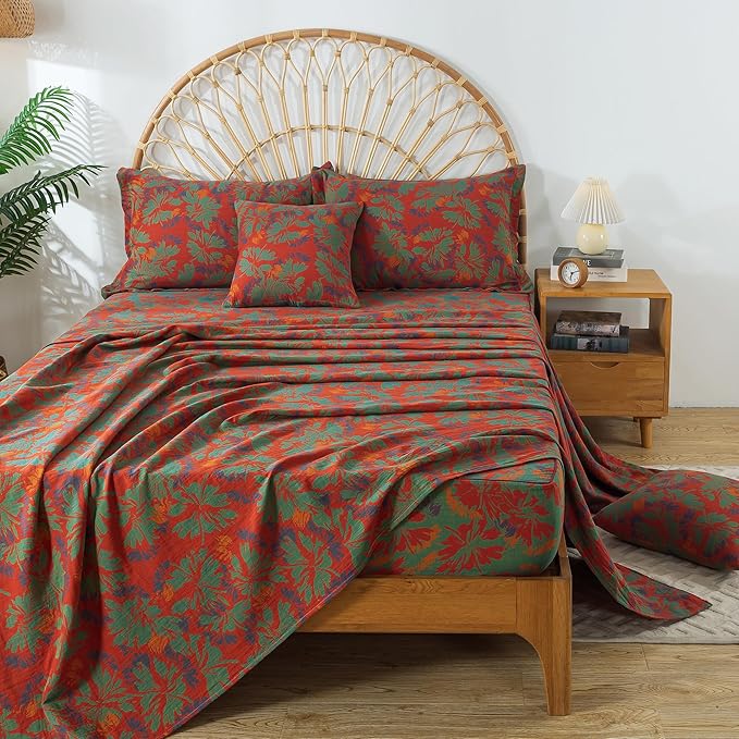 FADFAY Floral Sheets Set King Vintage Red Green Floral Bedding Shabby Maple Leaf Farmhouse Bedding Super Soft Washed Double -Layer Muslin Sheets 100% Cotton Deep Pocket Fitted Sheet 4Pcs, King Size