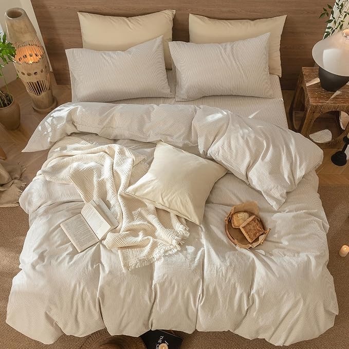 MooMee Striped Duvet Cover Set 100% Washed Cotton Linen Like Textured Breathable Durable Soft Comfy (Tannish Linen Grey White Pinstripes, Oversized Full 82"x86")