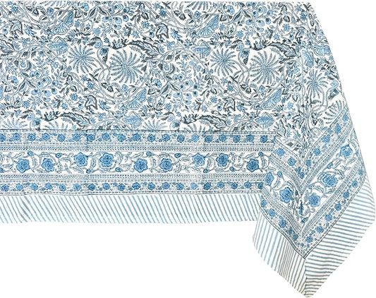 ATOSII Butterfly Blue 100% Cotton Rectangle Summer Tablecloth, Handblock Floral Print Linen Table Cloth for Kitchen Dining I Parties, Weddings, Outdoors, Decor 60 X 108 Inches, 8 Seater