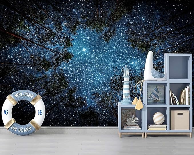 WFBHUA-Forest Night Sky Ceiling Wallpaper Mural Peel and Stick Living Room Bedroom 157“x108