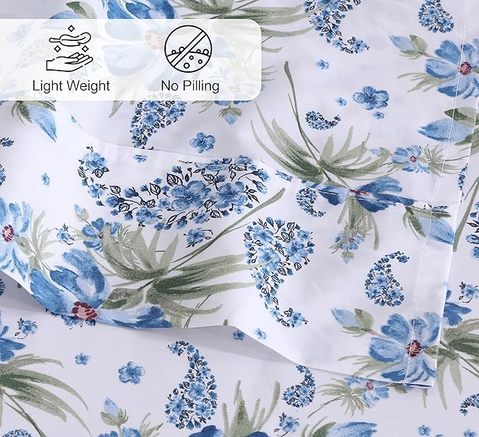 RUVANTI 100% Cotton Full Size Bed Sheets, 4 Pieces, Soft & Breathable Percale Weave Bedding, Deep Pocket 16", Hotel Standard, Crisp Cool Feel, Durable, Perfect Sheet Set Floral, Paislyona
