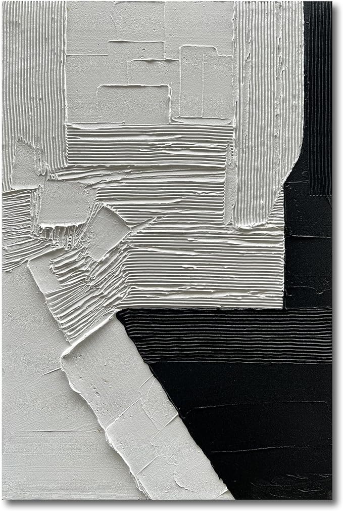 Hand-Painted 45x30 inch White and Black Abstract Wall Decoration Oil Painting Thick Texture Minimalist Art