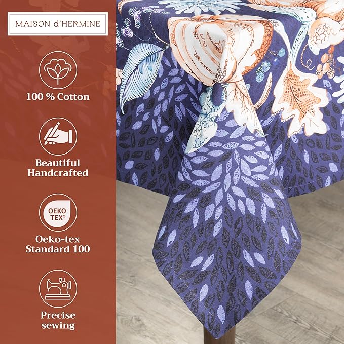Maison d' Hermine Table Cloth Rectangle Table 100% Cotton 60 x 120 Inches Fall Tablecloth Reusable Everyday Use for Thanksgiving Christmas Decorations Dining Farmhouse Party (Pumpkin Blues)