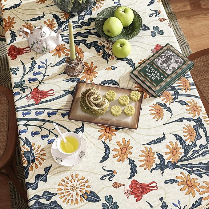 French Vintage Rectangular Tablecloth,Linen Extra Long Tablecloth with Gold and Red Floral Pattern,Decorative Table Cover for Kitchen,Dining,Thanksgiving,Living Room,63" × 110"-Tijuana