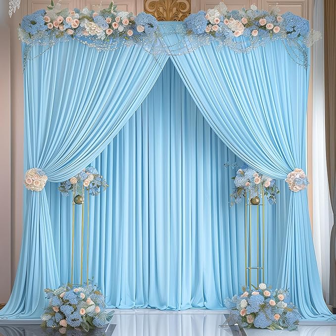 Blue Backdrop Curtains 4 Panels - Wrinkle-Free Light Blue Curtains Polyester Photography Drapes Photo Background for Baby Shower Birthday Party Decorations- 16 X10FT (Blue)