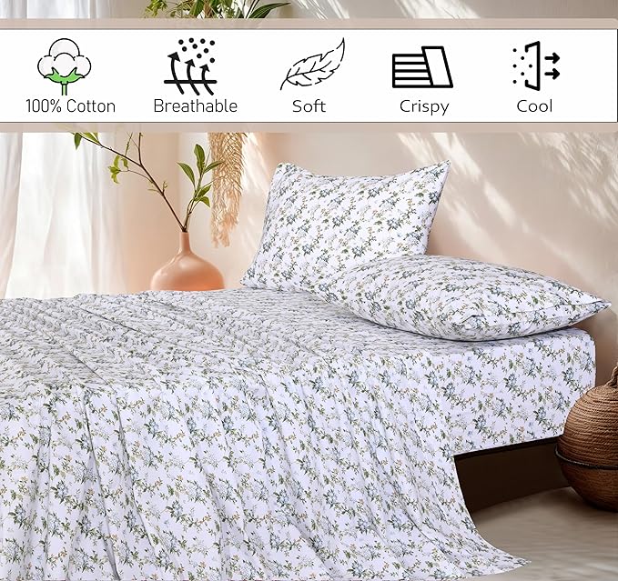 RUVANTI 100% Cotton King Size Sheets Set, 4 Pieces, Soft & Breathable Percale Weave Bedding, Deep Pocket 16", Hotel Standard, Crisp Cool Feel, Durable, Perfect Floral Bed Sheet, Heritage