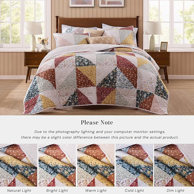 Quilt Set King Size, Patchwork Burnt Orange Floral Quilt Sets, Reversible Bedspread Lightweight and Breathable for All Seasons, Soft Quilted Bedspread with 2 Pillow Shams