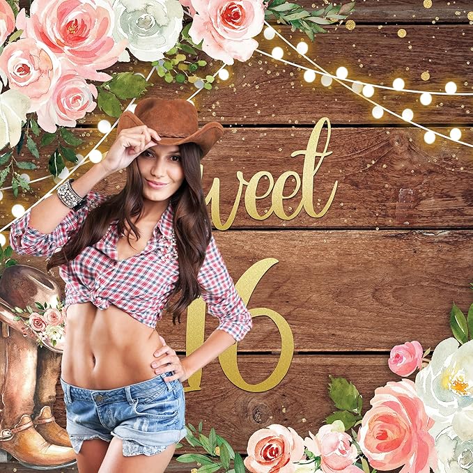 SVBright Sweet 16 Happy Birthday Backdrop 8Wx6H Cowgirl Western Rustic Country Wooden Plank Watercolor Pink Flower Floral Boots Farmhouse Decorations Photography Background Banner Photo Booth Studio