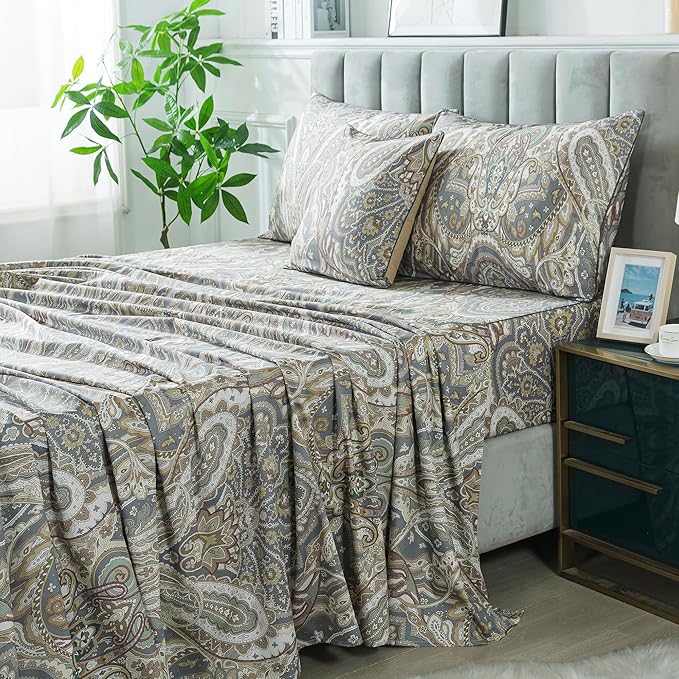 FADFAY Paisley Sheets Set King Classic Boho Paisley Bedding Luxurious Bohemian Damask Paisley Bed Sheet Set Breathable 100% Egyptian Cotton 800 Thread Count Deep Pocket Fitted Sheet 4Pcs, King Size
