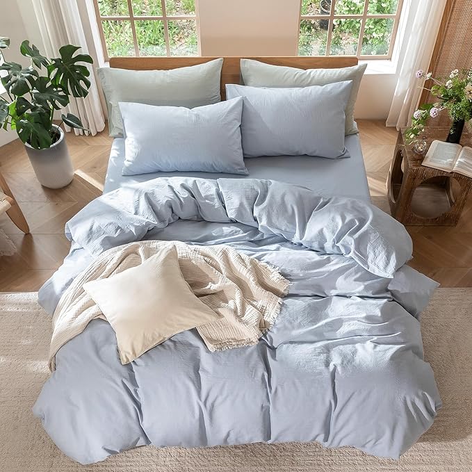MooMee Bedding Duvet Cover Set 100% Washed Cotton Linen Like Textured Breathable Durable Soft Comfy (Heathered Cornflower Blue, Super Queen 90"x98")