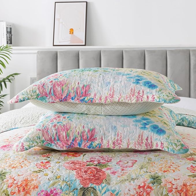 HoneiLife Quilt Sets Queen Size - Floral Quilt 3-Piece, Botanical Bedspreads Wildflower Coverlets for Queen Bed, Microfiber Bed Cover, All Season Quilts-Coral Pink