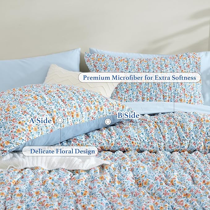 Full Size Comforter Sets-7 Pieces Puff Marigold Blue Floral Bedding Set for All Seasons, Shabby Chic Farmhouse Bed in a Bag Full with Floral Comforter, Sheets, Pillowcases & Shams