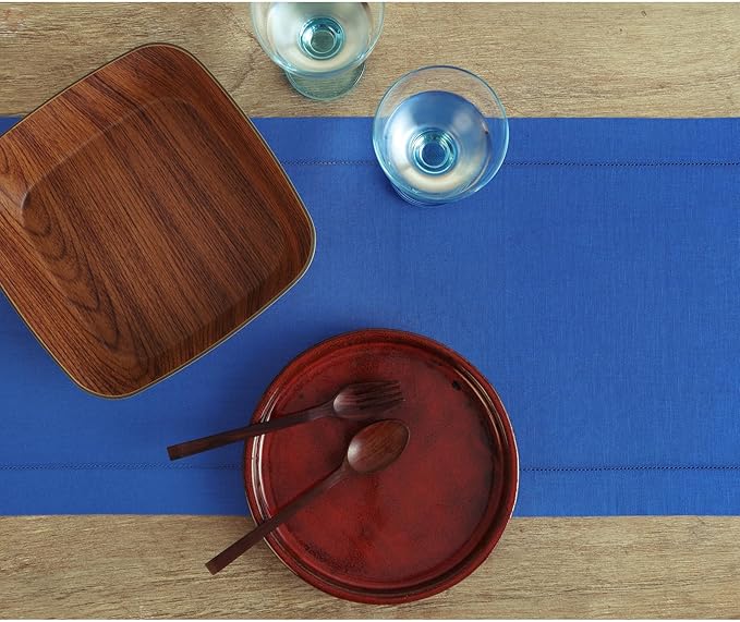 Solino Home Linen Royal Blue Table Runner 120 Inches Long - 100% Pure Linen 14 x 120 Inch Table Runner for Spring - Classic Hemstitch
