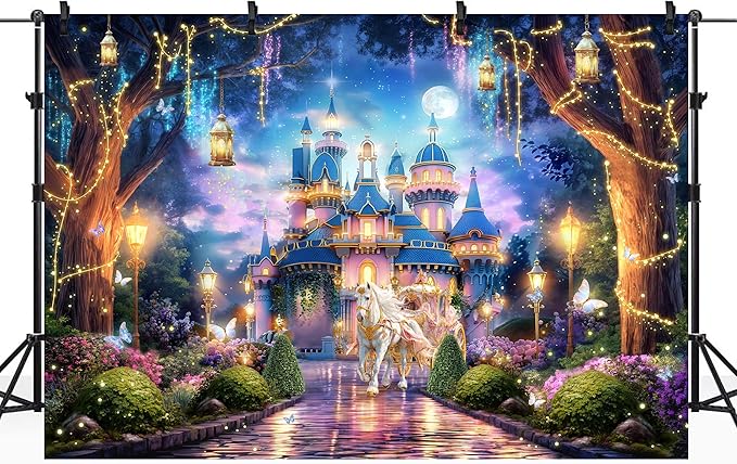 Riyidecor Princess Castle Backdrop Polyester Fabric Garden Floral Vines Trees Lights Starry Night Scenery 7Wx5H Feet Wonderland Photography Background Bridal Shower Wedding Birthday Photo Studio Shoot