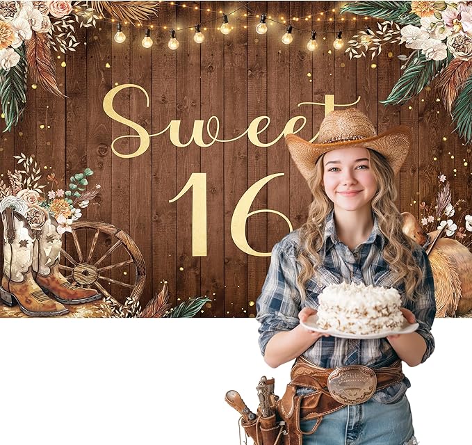 SVBright Sweet 16 Backdrop 5Wx3H Western Cowgirl Rustic Boho Pampas Grass Farmhouse Country Flower Floral West Retro Wooden Boots Hat Decorations Photography Background Banner Photo Booth Studio