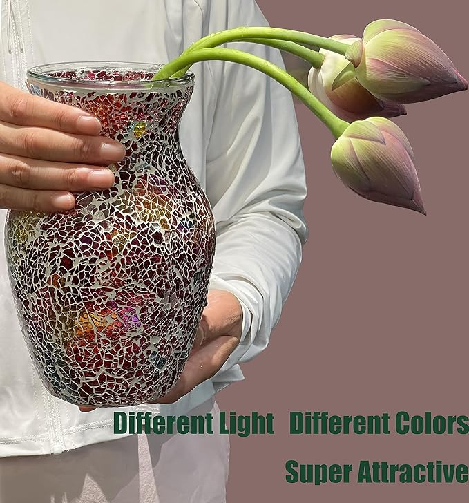 8" H Red Mosaic Glass Vase,Decor Home Modern Midsize Mosaic Flower Vase for Bedroom Livingroom Kitchen Office Wedding,Unique Gift