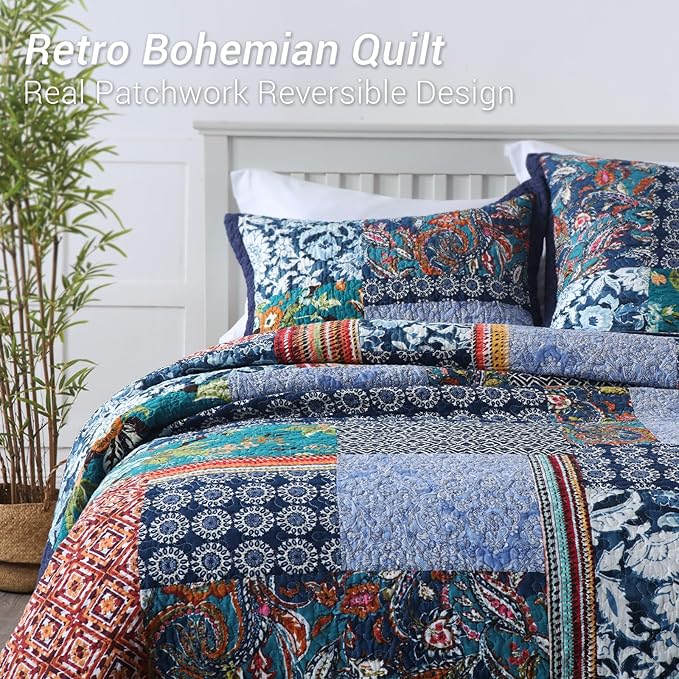 Yvooxny King Quilt Set Reversible Lightweight Bohemian Paisley Patchwork Cotton Quilted Bedspread Coverlet Set 3-Piece Bedding Set with Pillowcases for All Seasons, King Size, 108 * 96 Inches