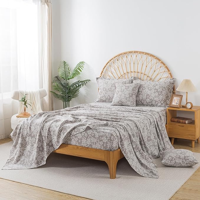 FADFAY Rose Sheets Set Queen Vintage Curry Floral Bedding Shabby Farmhouse Bedding Super Soft Washed Double -Layer Muslin Sheets Luxury 100% Cotton Breathable Deep Pocket Fitted Sheet 4Pc, Queen Size