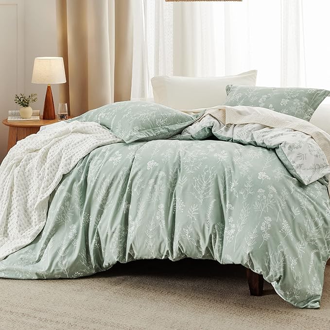 Bedsure California King Comforter Set - Sage Green Bed Set, 3 Pieces Cute Floral Bedding, 1 Soft Reversible Botanical Flowers Comforter and 2 Pillow Shams