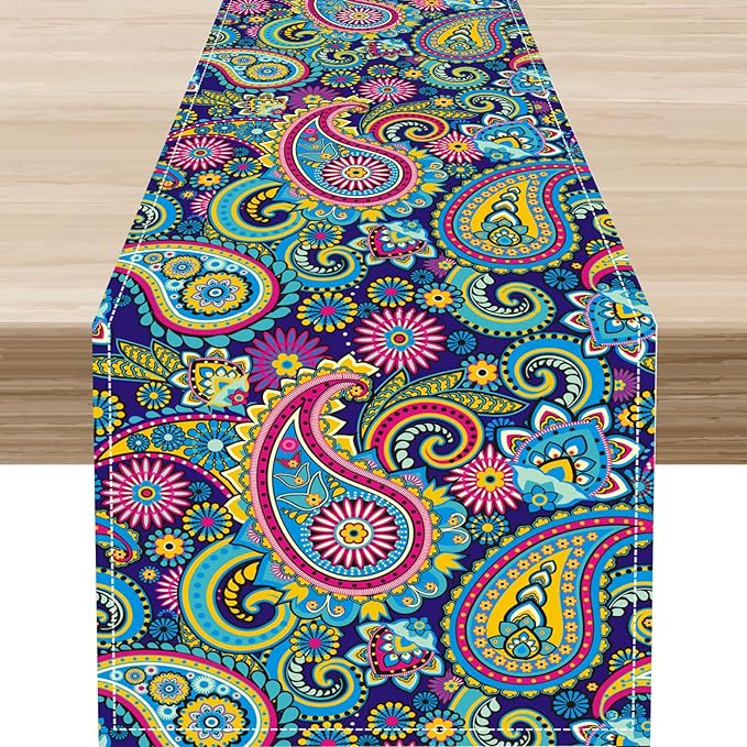 Vintage Paisley Table Runner, Blue Classical Luxury Old Fashioned Paisley Floral Print Table Center Decor for Family Kitchen Table Decorations Indoor Outdoor 13x72 inch