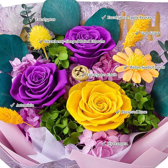 Flowers for Delivery Prime Forever Flowers Preserved Roses Bouquets Purple Flower Birthday Gifts for Women Valentine's Day Mothers Day Graduation