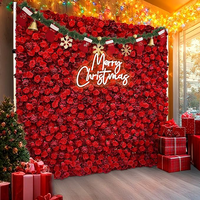 Artificial Red Rose Flower Wall Backdrop Luxury‌ Floral Backdrop for Wedding Balloon Party Baby Shower Birthday Decor Quick Assembly