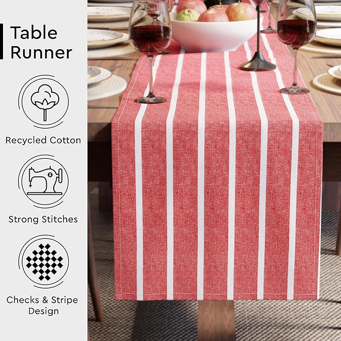 Encasa XO Cotton Dining Table Runner | Roma Red Stripes | Size 13x48 in - Machine Washable & Durable
