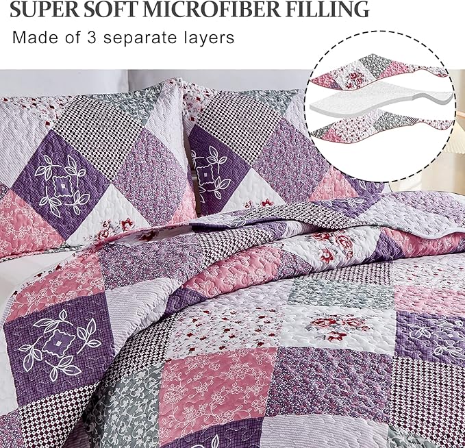 Dinjoy Purple Quilt Set Queen Size, Reversible Floral Plaid Patchwork Pattern Bedding Set Soft Microfiber Lightweight Bedspread Coverlet 3 Piece Spring Summer Use (90x90 inches)