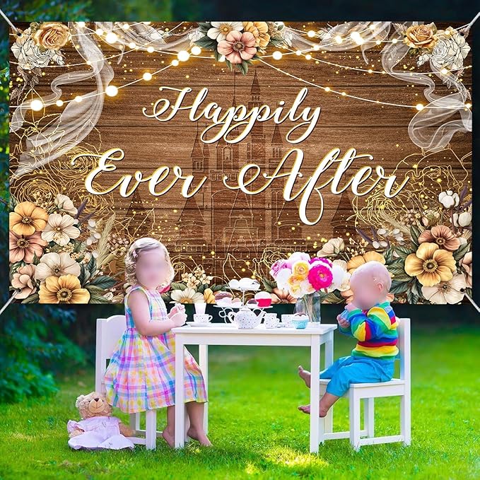 Happily Ever After Backdrop Bridal Shower Wedding Party Brown Wood Photography Background Boho Floral Golden Rose Dots Wedding Decor Banner Portrait Photo Booth Studio Props 9x6ft FU072YL