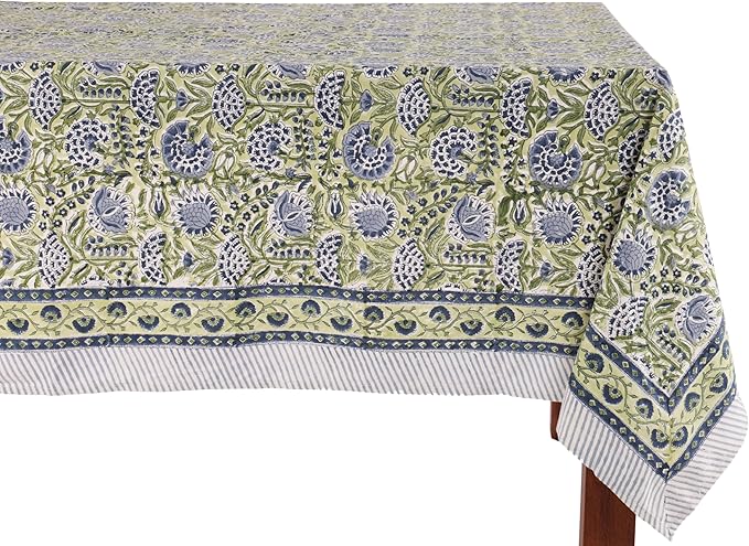 ATOSII Amara 100% Cotton Fall Tablecloth, Handblock Floral Print Rectangle Linen for Kitchen Dining I Parties Wedding Outdoors Picnics Easter I Spring Summer 72 X 120 Inches I 10 Seater Table