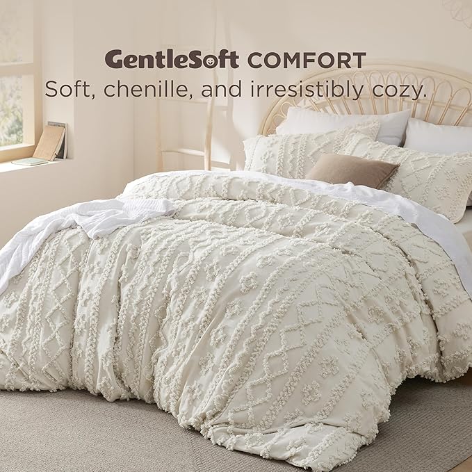 Bedsure Boho Duvet Cover Queen Size, Soft & Comfortable Elegant Design Boho Bedding for Decoration, Machine Washable Comforter Cover for All Seasons,Includes 1 Duvet Cover & 2 Pillow Shams,Beige