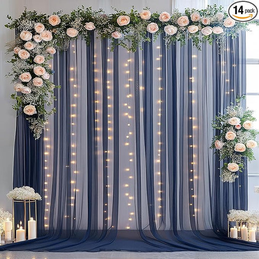 10×10ft Navy Blue Tulle Backdrop Curtain with Lights String for Parties, Sheer Photo Backdrop Curtains for Wedding Party Photography Background
