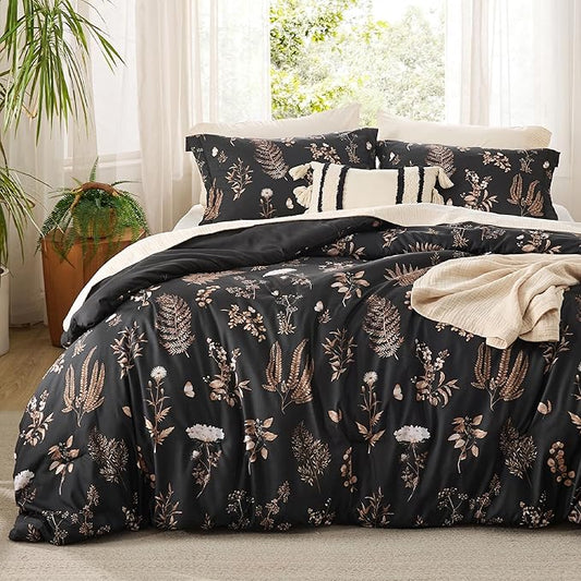 Bedsure Comforter Set Queen Size - Floral Bedding Comforter Set, 3 Pieces, 1 Soft Black Comforter and 2 Pillow Shams