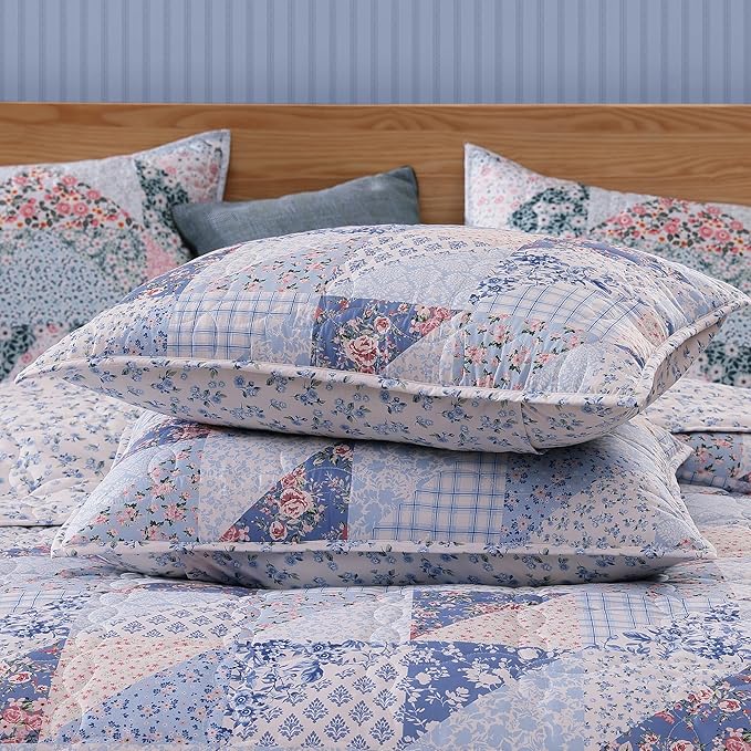 Quilt Set Twin Size, Patchwork Blue Pink Marigold Floral Quilt Sets, Reversible Bedspread Lightweight and Breathable for All Seasons, Soft Quilted Bedspread with 1 Pillow Sham