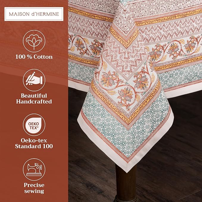 Maison d' Hermine Table Cloth Rectangle Table 100% Cotton 60 x 120 Inches Fall Tablecloth Reusable Everyday Use for Thanksgiving Christmas Decorations Dining Farmhouse Party (Nila)