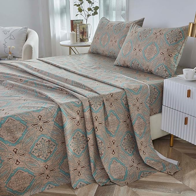 Brandream Paisley Bed Sheets Queen Size Boho Luxury Bedding Bohemian Damask Medallion Sheet Set 800TC Egyptian Cotton Sateen Deep Pocket, 4 Piece, Taupe