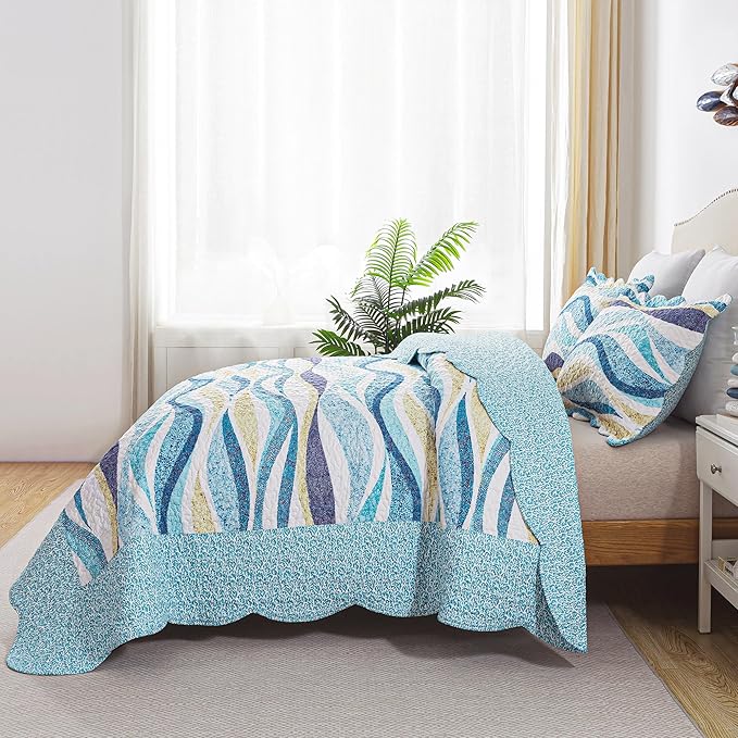 HoneiLife Queen Bedspreads Oversized - 106"x106" Coastal Quilt Sets, Beach Quilt 3-Piece, Nautical Bedspreads Ocean Coverlets, Lightweight Bed Cover, Summer Quilts
